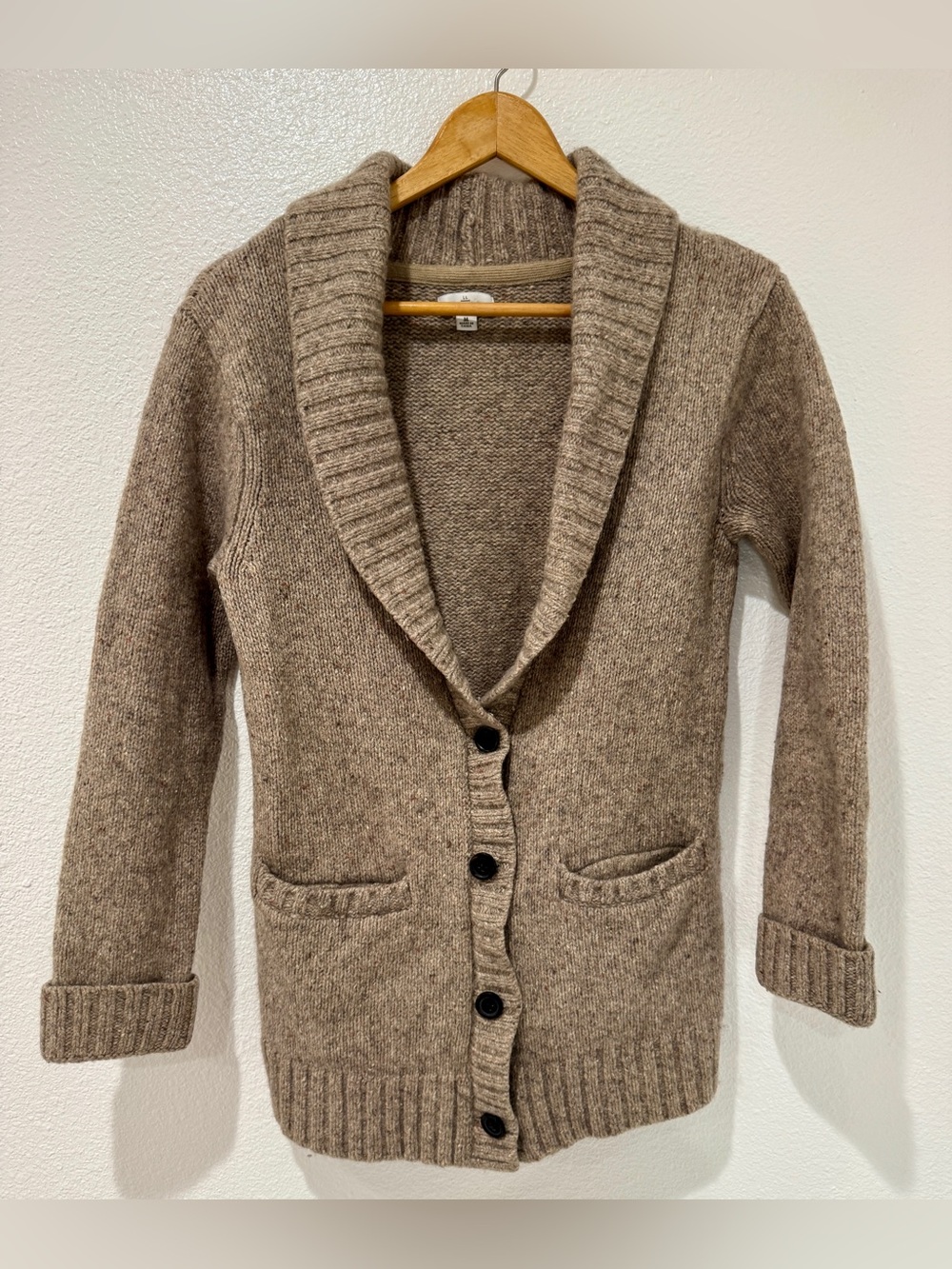 L.L. Bean Lambswool Shawl Collar Cardigan Sweater Oatmeal Tweed Rustic M